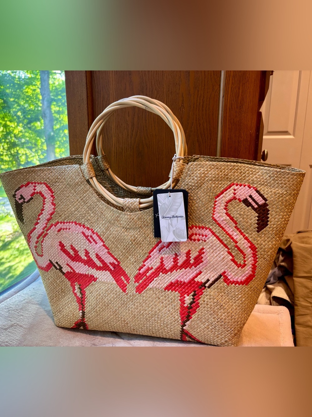 NWT Tommy Bahama X Banago Hand woven Flamingo Woven Tote